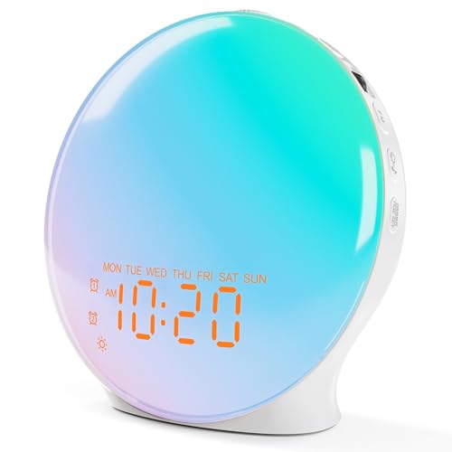 JALL Full Screen Dimmer Sunrise Alarm Clocks for Bedrooms, Wake Up Light with FM Radio, 25 White Noise Sleep Sounds, Bluetooth Speaker, Dual Alarms Bedside Clock for Heavy Sleepers