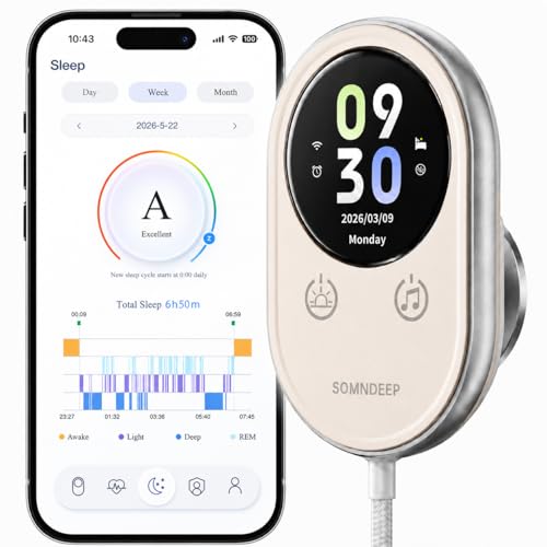 SOMNDEEP Contactless Smart Sleep Tracker, Non-Wearable 60GHz Radar Sleep Wellness Monitor, Bedside Sleep & Breathing Pattern Monitor for Nighttime Sleep Quality Trends