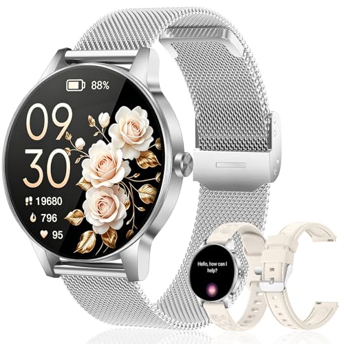 Smart Watch for Women/ Men, 1.27" HD Answer/Make Calls, Fitness Tracker with 130+ Sport Modes, Heart Rate/Sleep Monitor, IP68 Waterproof, Includes 3 Bands, Charming Gift for iPhone / Android (Silver)