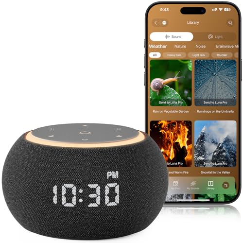 Hotmoon Alarm Clock with Sound Machine for Sleep, Luna Pro Dual-Stage Smart Alarm, 507 Sounds & 10 Healing Frequencies (108-963Hz), Pink Green Brown White Noise for Sleeping Adults Meditation, Plug In